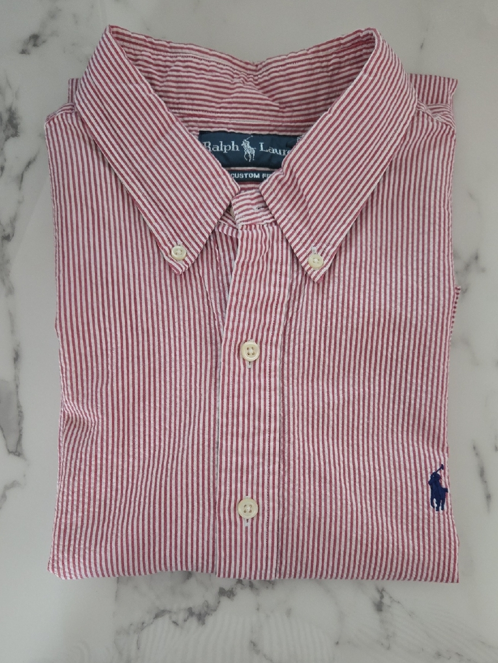 Ralph Lauren Red Seersucker Shirt Short Sleeve Preppy Custom Fit Classic XL